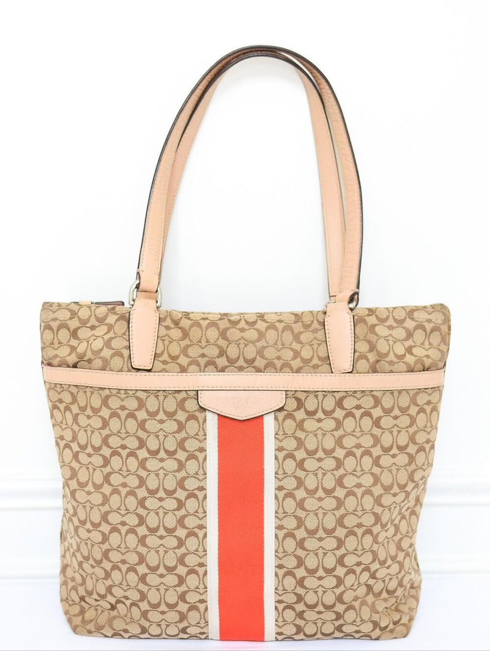 Coach Signature Stripe Monogram Tote Shoulder Bag Khaki Orange F27008 Y2K Preppy - Picture 2 of 16